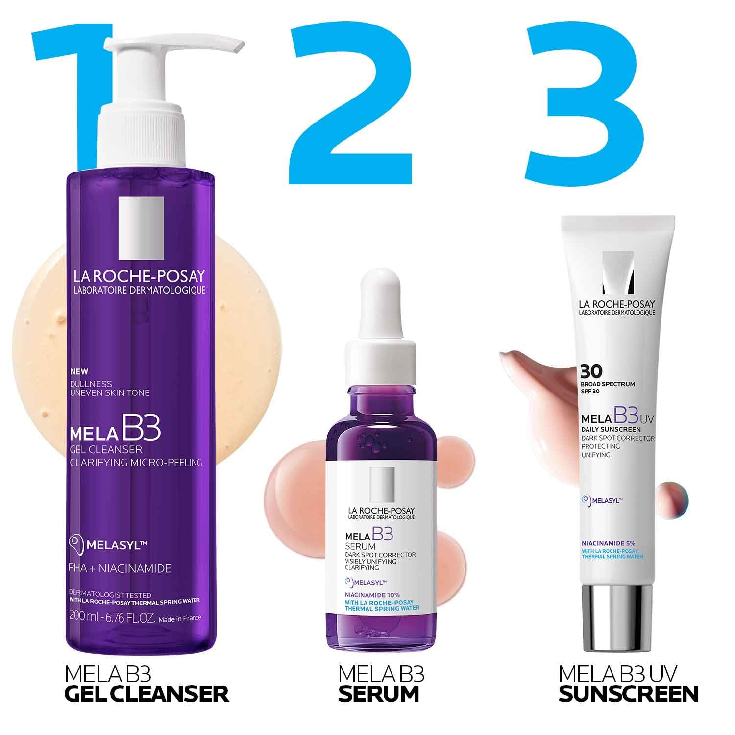 Mela B3 three-step routine: gel cleanser, serum and daily sunscreen