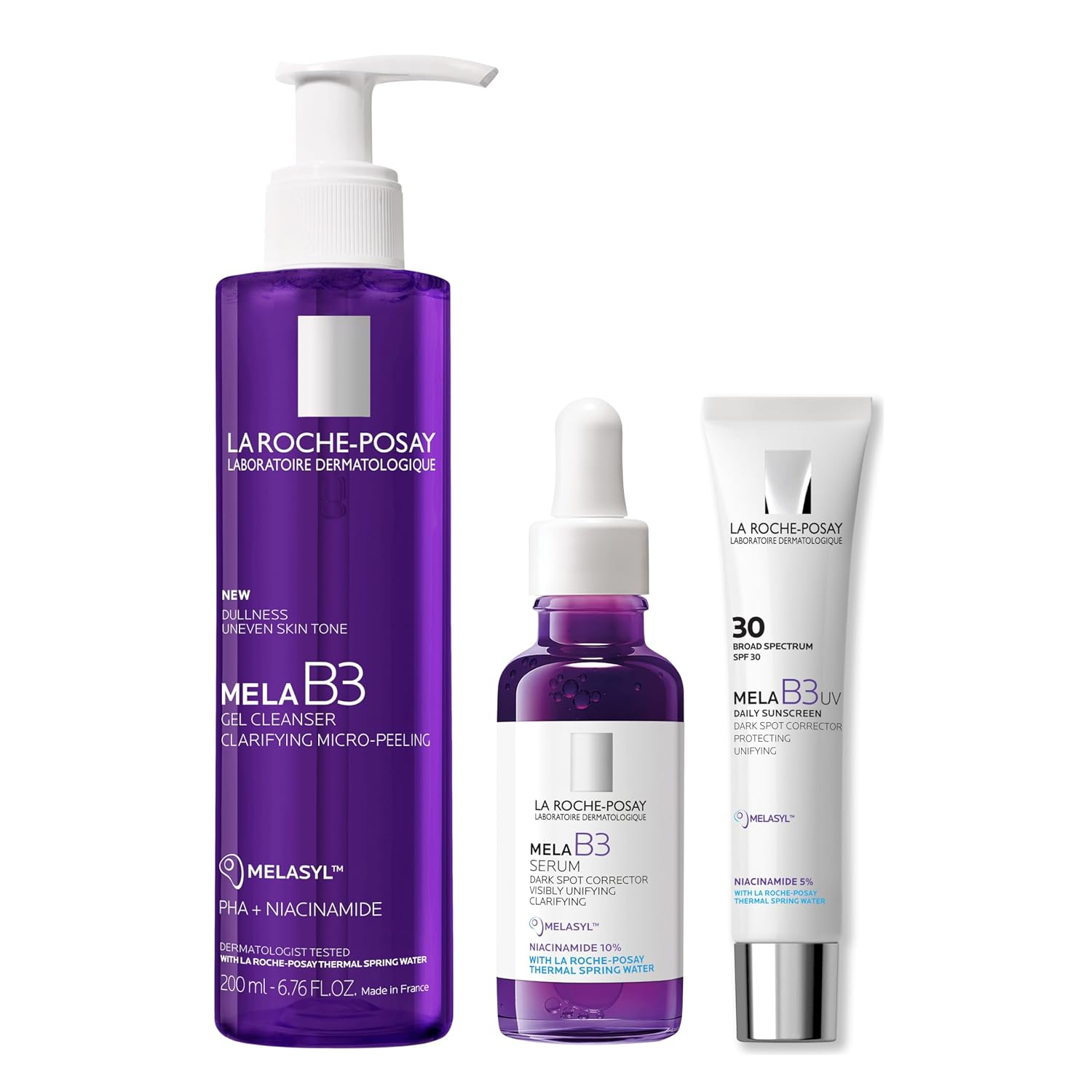 La Roche-Posay Mela B3 gel cleanser, Mela B3 serum and Mela B3 UV sunscreen bottles and tubes